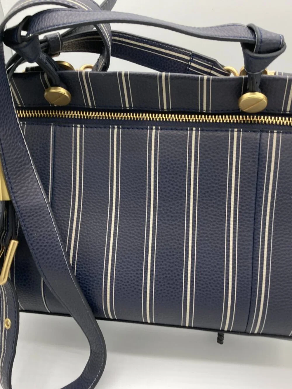 Foley + Corinna Navy and White Stripe Leather Shoulder Bag